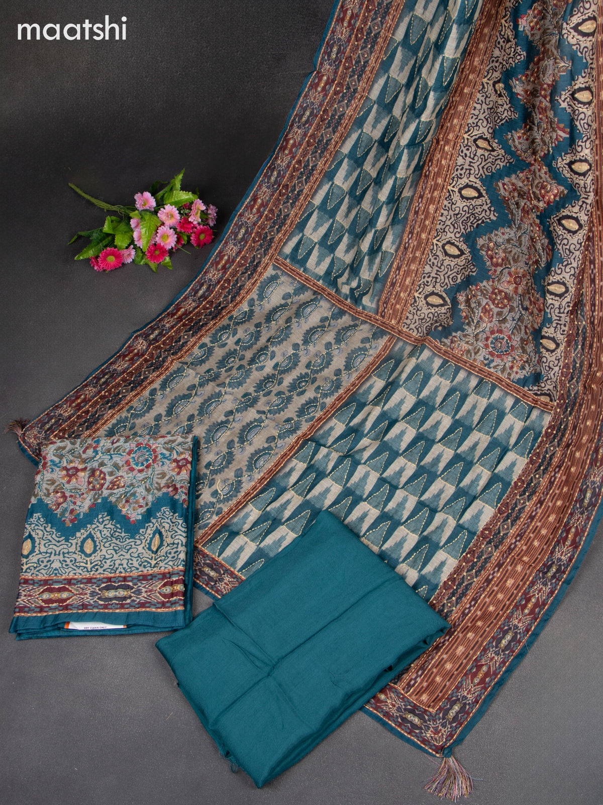 Chanderi dress material teal green and beige with kantha stitch work & simple neck pattern and bottom & kantha stitch dupatta