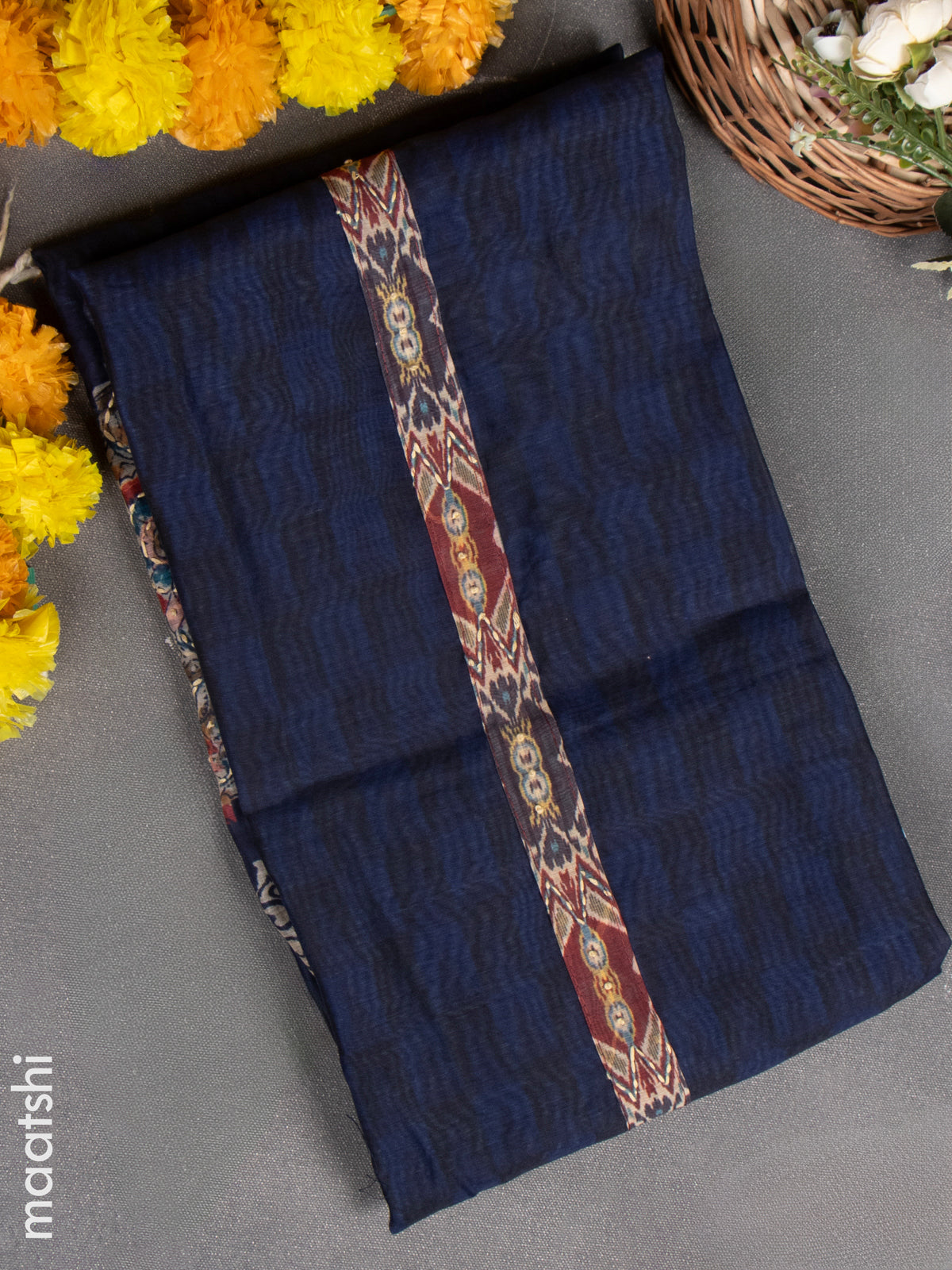 Chanderi dress material blue and beige with kantha stitch work & simple neck pattern and bottom & kantha stitch dupatta