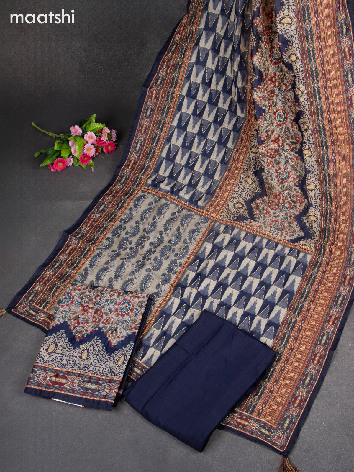Chanderi dress material blue and beige with kantha stitch work & simple neck pattern and bottom & kantha stitch dupatta