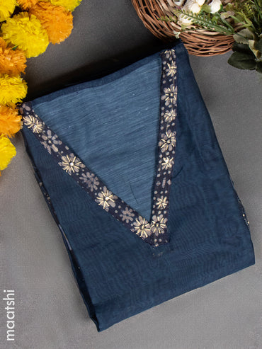 Chanderi dress material blue with kantha stitch work & v neck pattern and bottom & kantha stitch dupatta