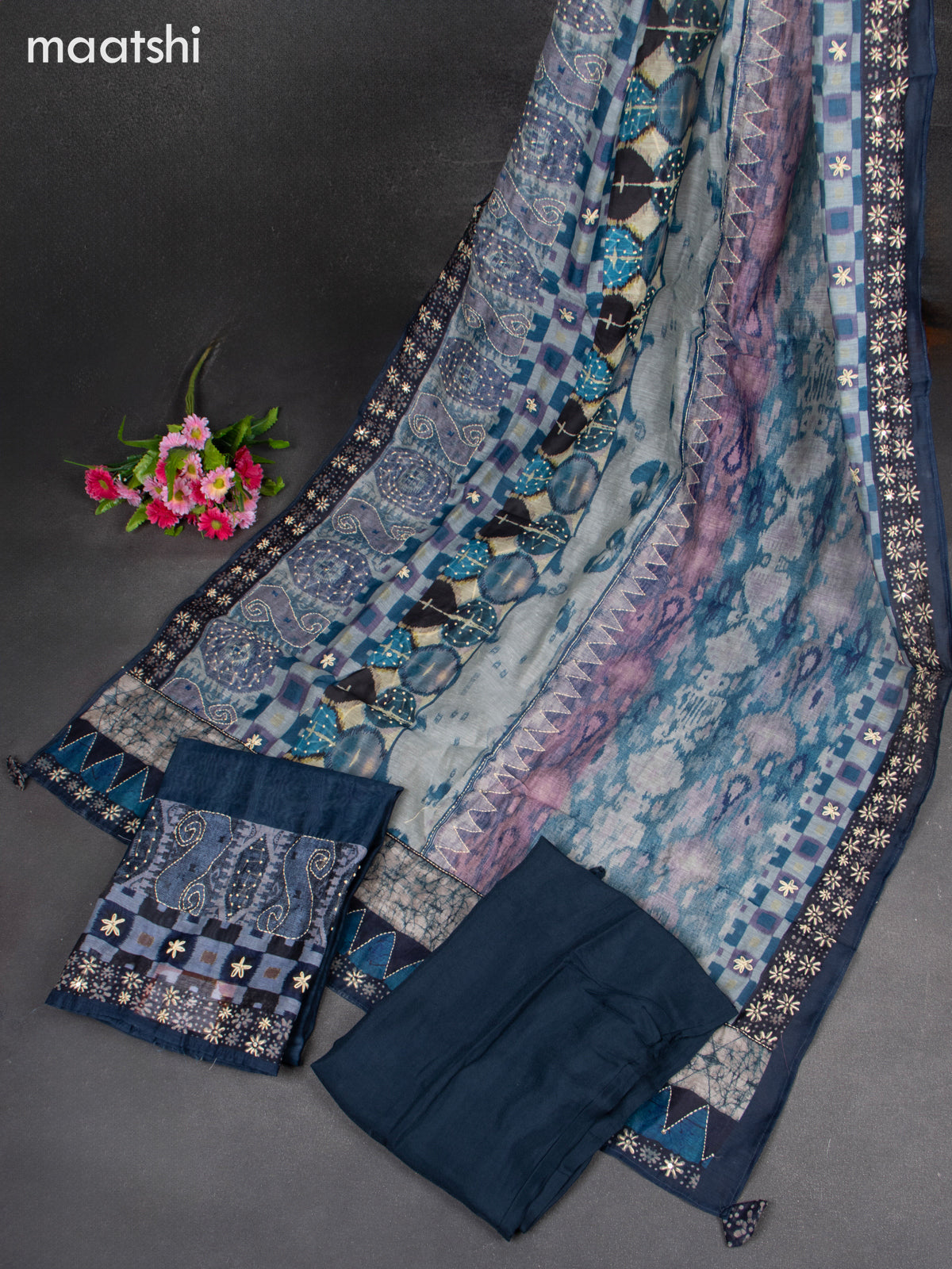 Chanderi dress material blue with kantha stitch work & v neck pattern and bottom & kantha stitch dupatta