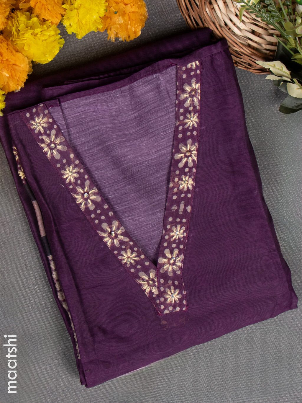 Chanderi dress material jamun with kantha stitch work & v neck pattern and bottom & kantha stitch dupatta