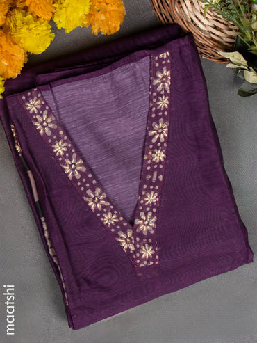 Chanderi dress material jamun with kantha stitch work & v neck pattern and bottom & kantha stitch dupatta