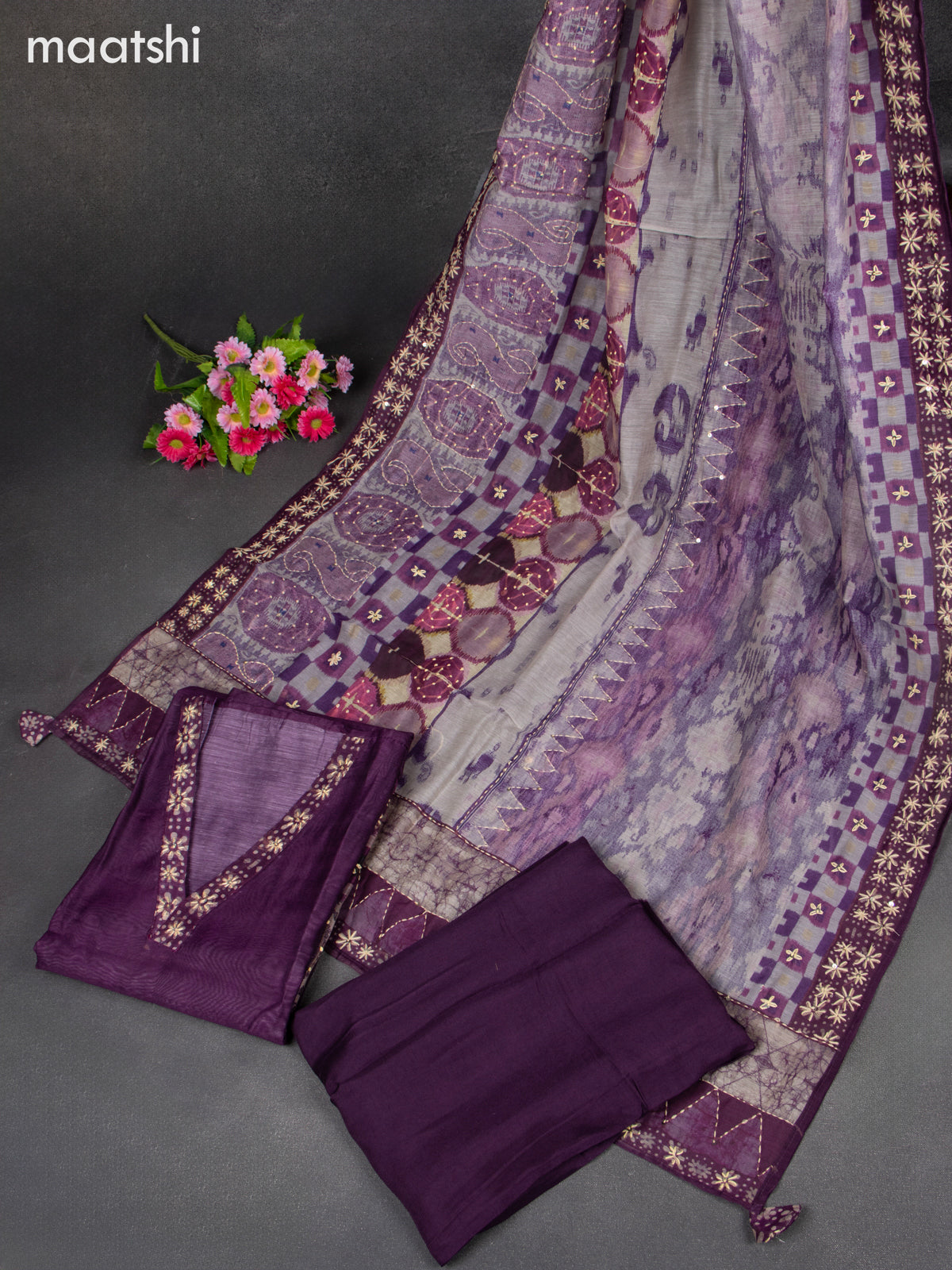 Chanderi dress material jamun with kantha stitch work & v neck pattern and bottom & kantha stitch dupatta