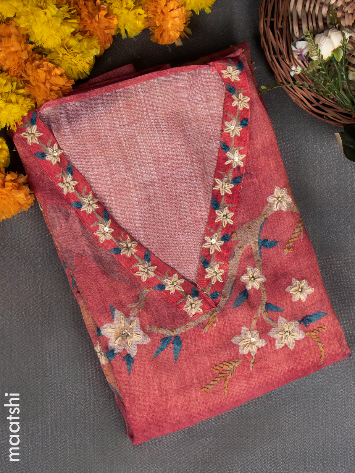 Linen tissue dress material peach shade with french knot work & embroidery v neck pattern and bottom & french knot work dupatta