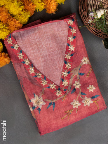 Linen tissue dress material peach shade with french knot work & embroidery v neck pattern and bottom & french knot work dupatta