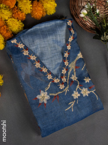 Linen tissue dress material blue shade with french knot work & embroidery v neck pattern and bottom & french knot work dupatta