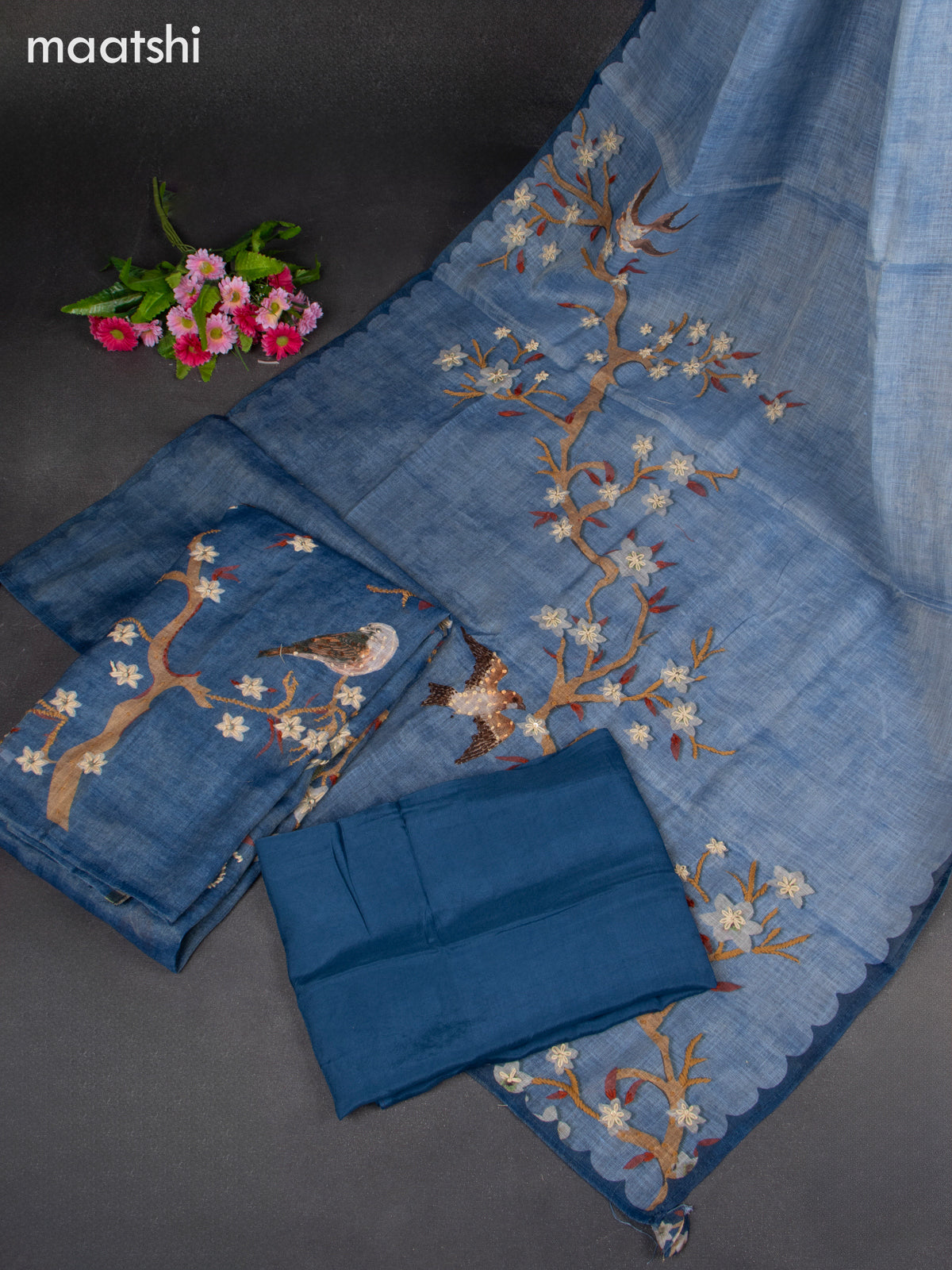 Linen tissue dress material blue shade with french knot work & embroidery v neck pattern and bottom & french knot work dupatta