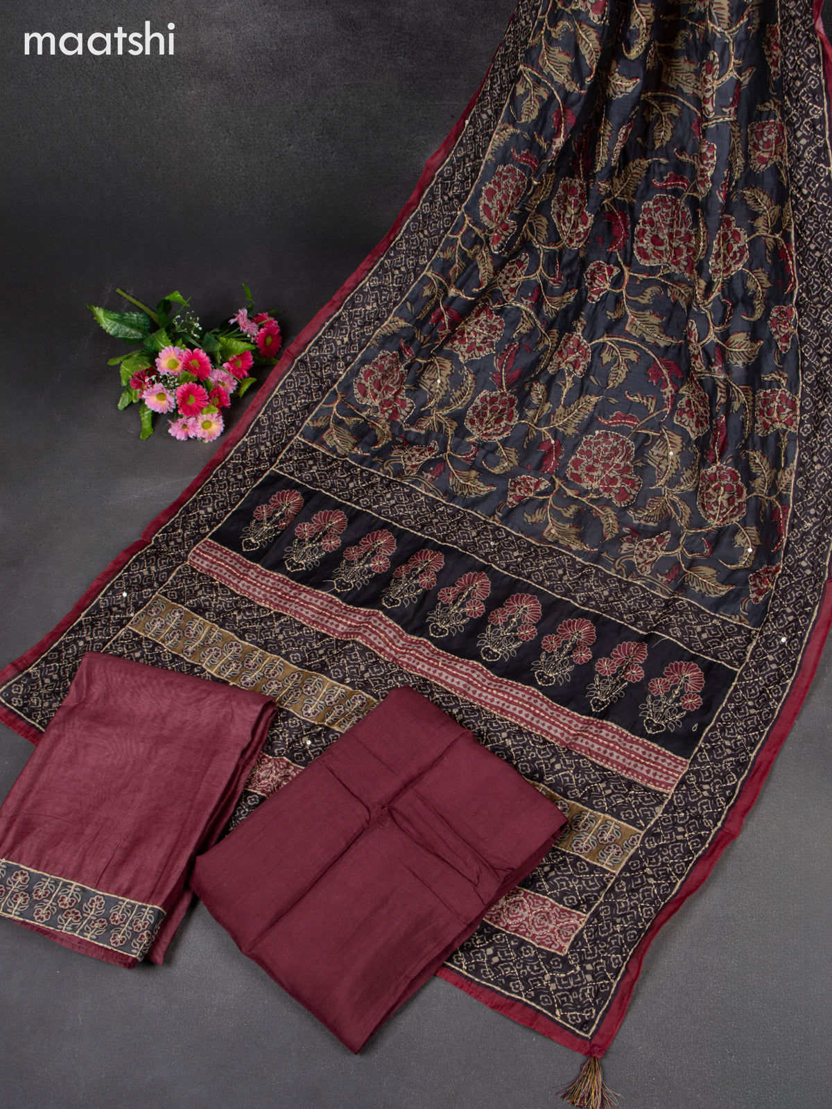 Chanderi dress material brown shade with sequin & kantha stitch work neck pattern and bottom & kantha stitch dupatta