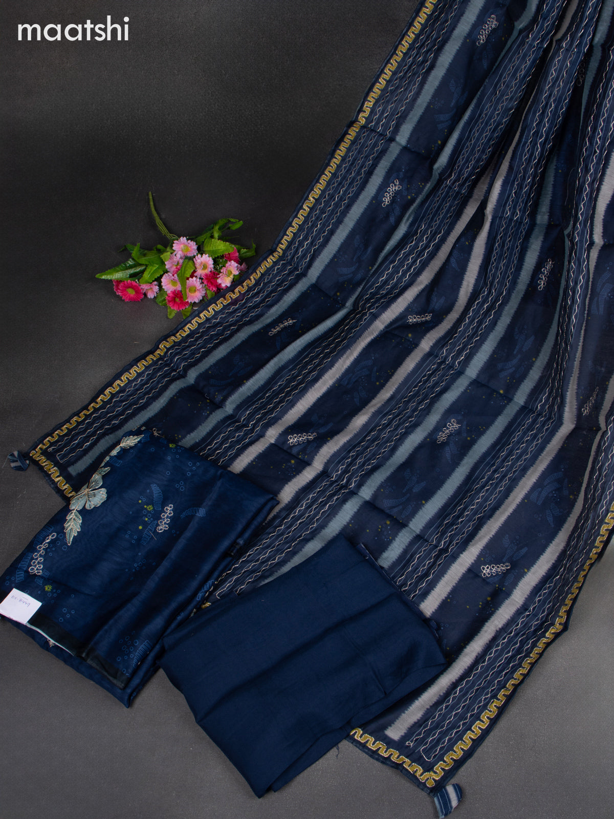 Chanderi dress material blue with embroidery work neck pattern and bottom & dupatta