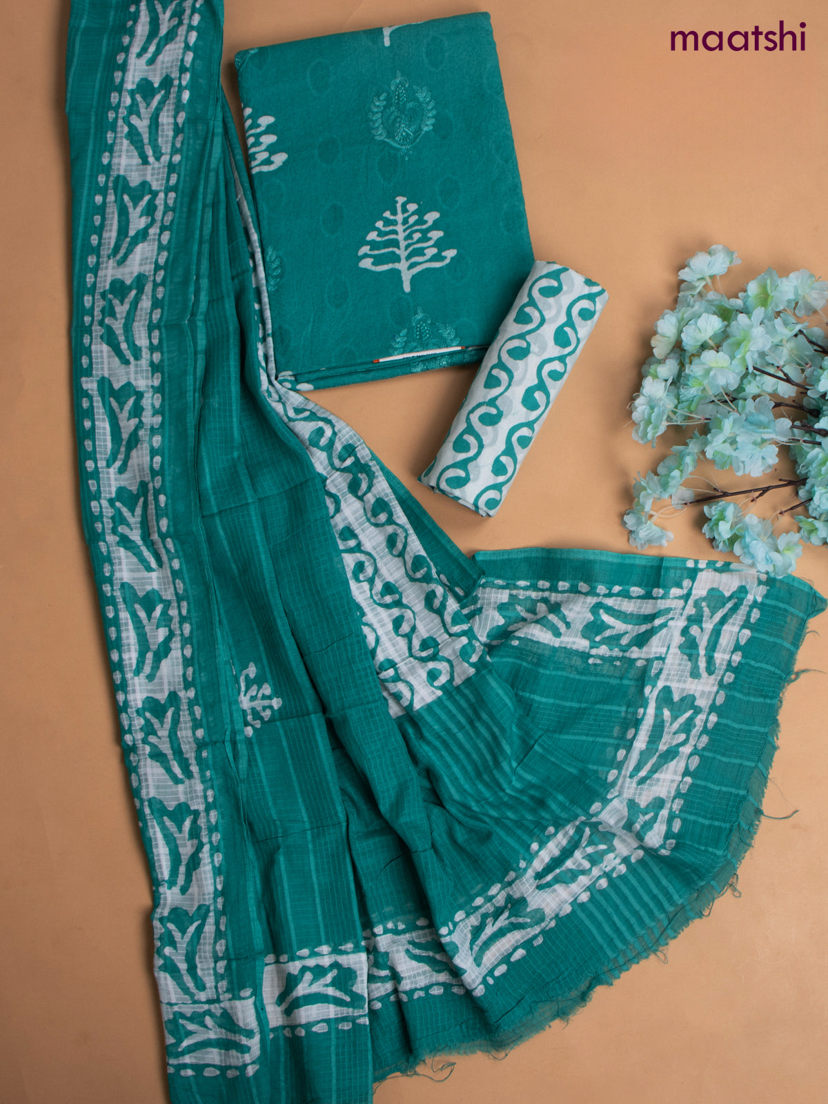 Cotton dress material teal green with allover buttas & embroidery work and batik print bottom & kotta dupatta