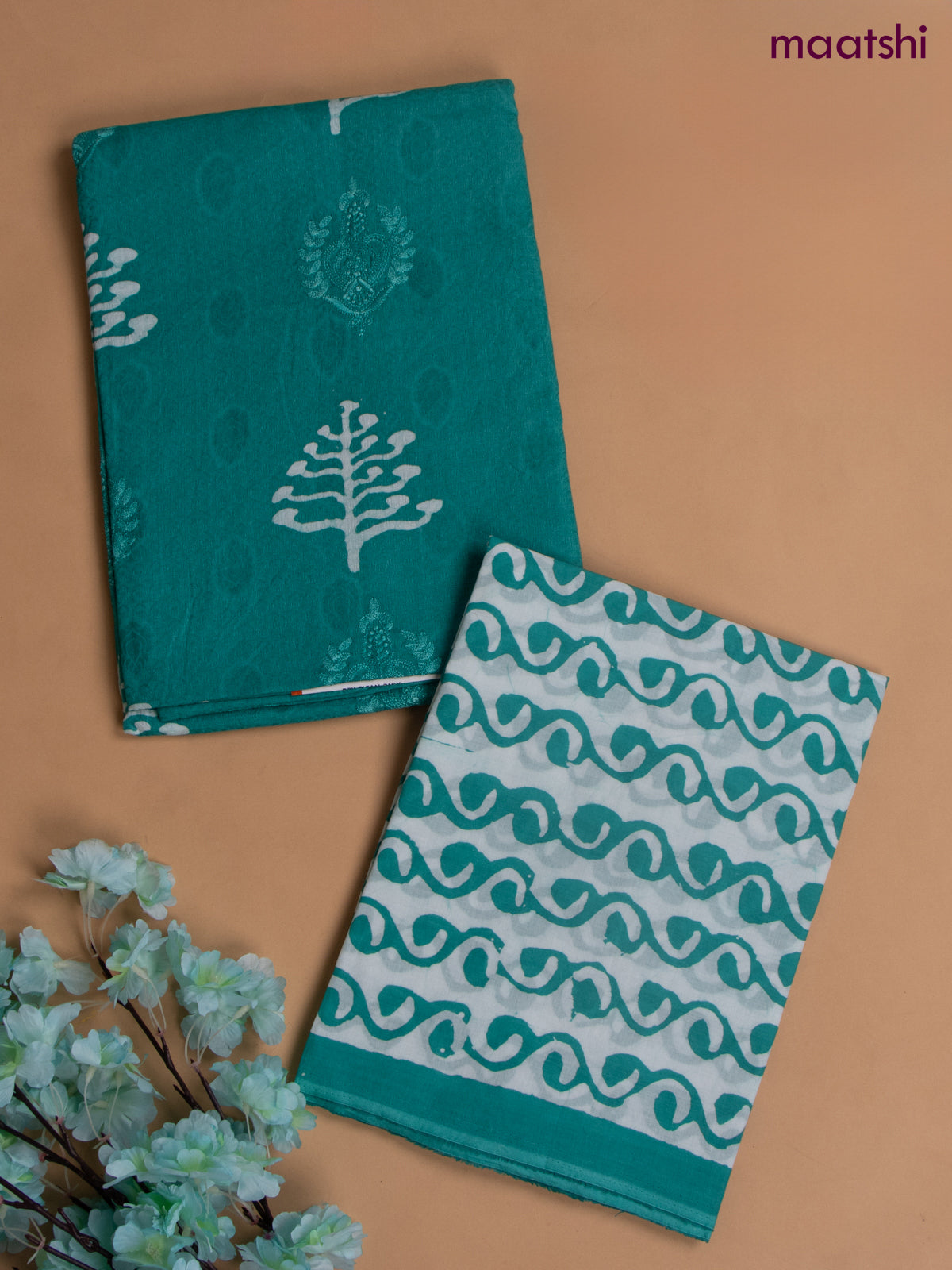 Cotton dress material teal green with allover buttas & embroidery work and batik print bottom & kotta dupatta