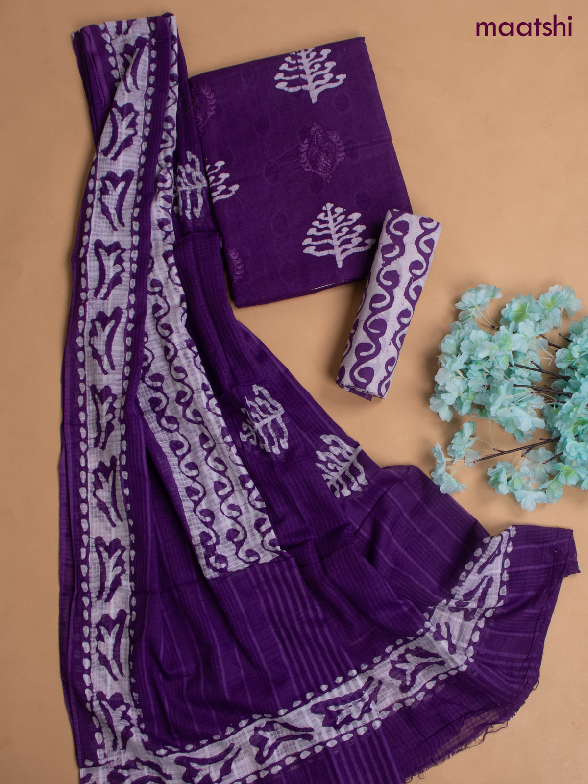 Cotton dress material violet with allover buttas & embroidery work and batik print bottom & kotta dupatta