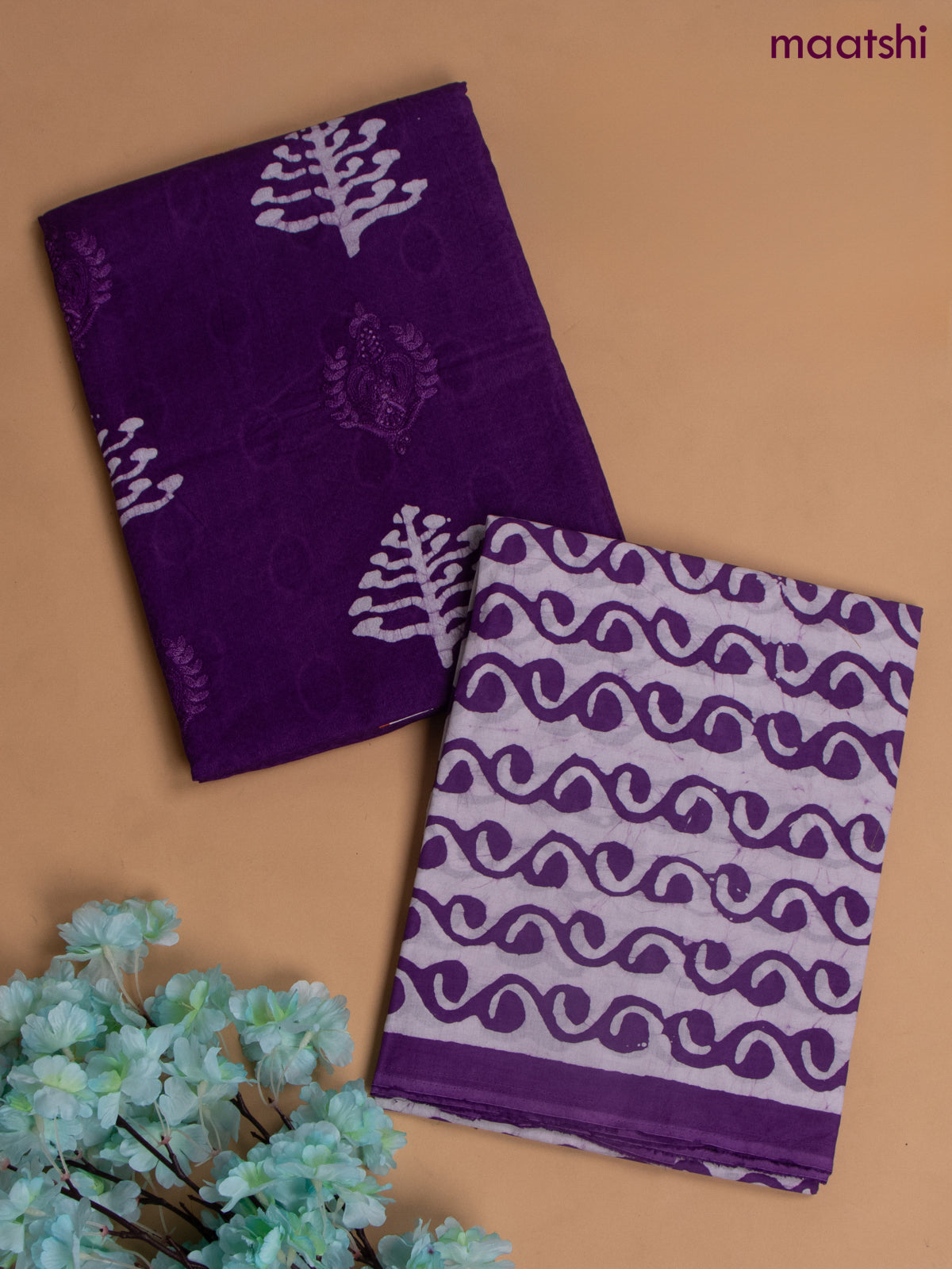 Cotton dress material violet with allover buttas & embroidery work and batik print bottom & kotta dupatta
