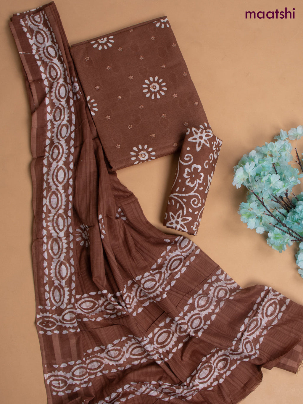 Cotton dress material brown shade with allover buttas & embroidery work and batik print bottom & kotta dupatta