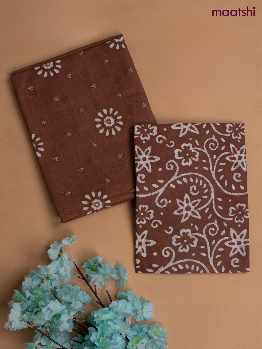 Cotton dress material brown shade with allover buttas & embroidery work and batik print bottom & kotta dupatta
