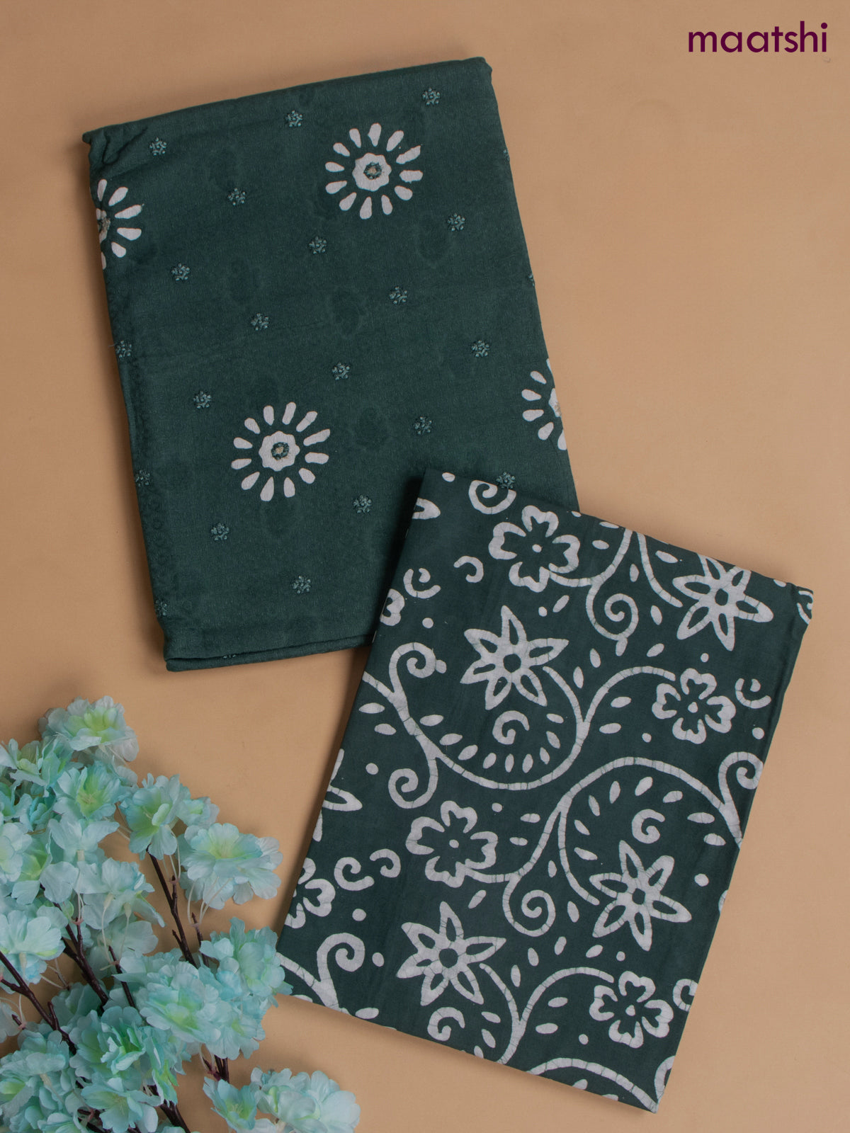 Cotton dress material peacock green with allover buttas & embroidery work and batik print bottom & kotta dupatta