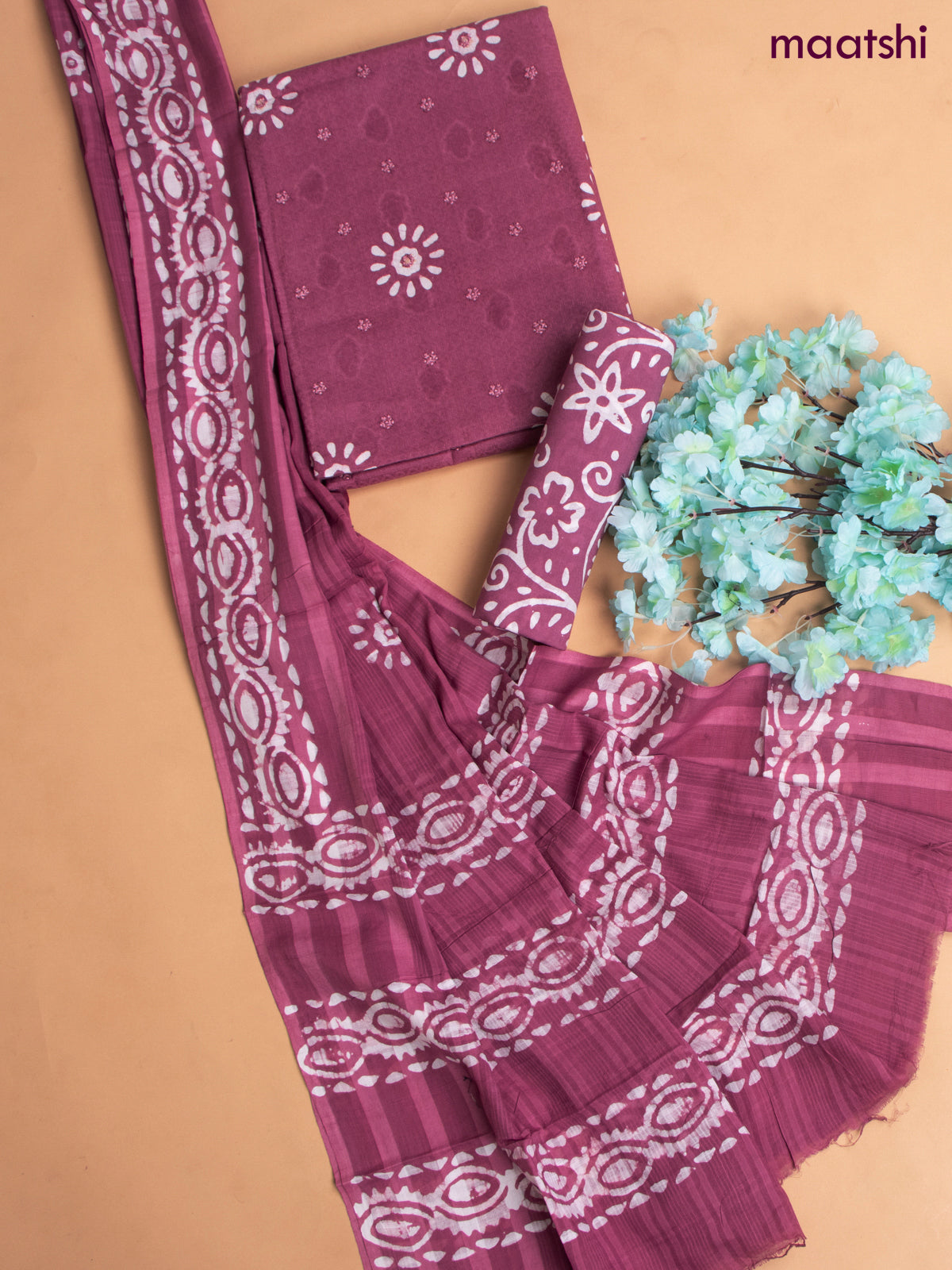 Cotton dress material mauve pink with allover buttas & embroidery work and batik print bottom & kotta dupatta