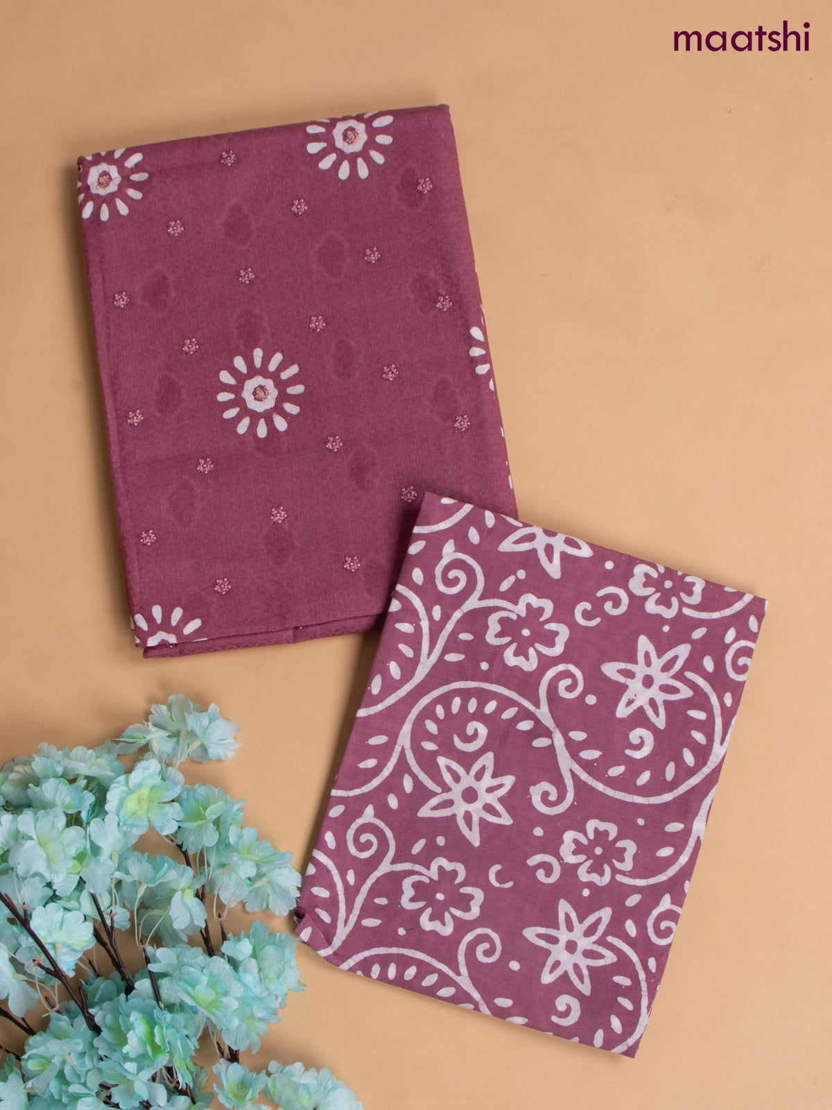 Cotton dress material mauve pink with allover buttas & embroidery work and batik print bottom & kotta dupatta
