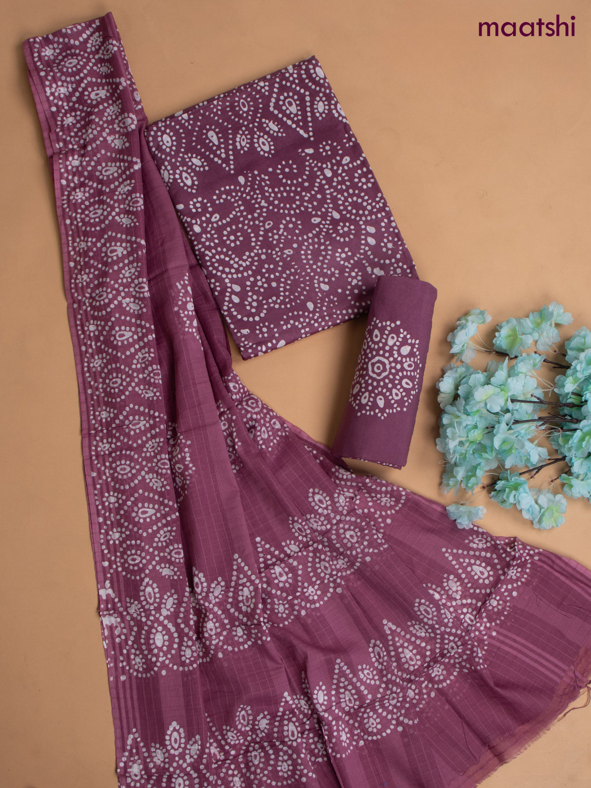 Cotton dress material mauve pink with allover batik prints and hakoba work bottom & dupatta