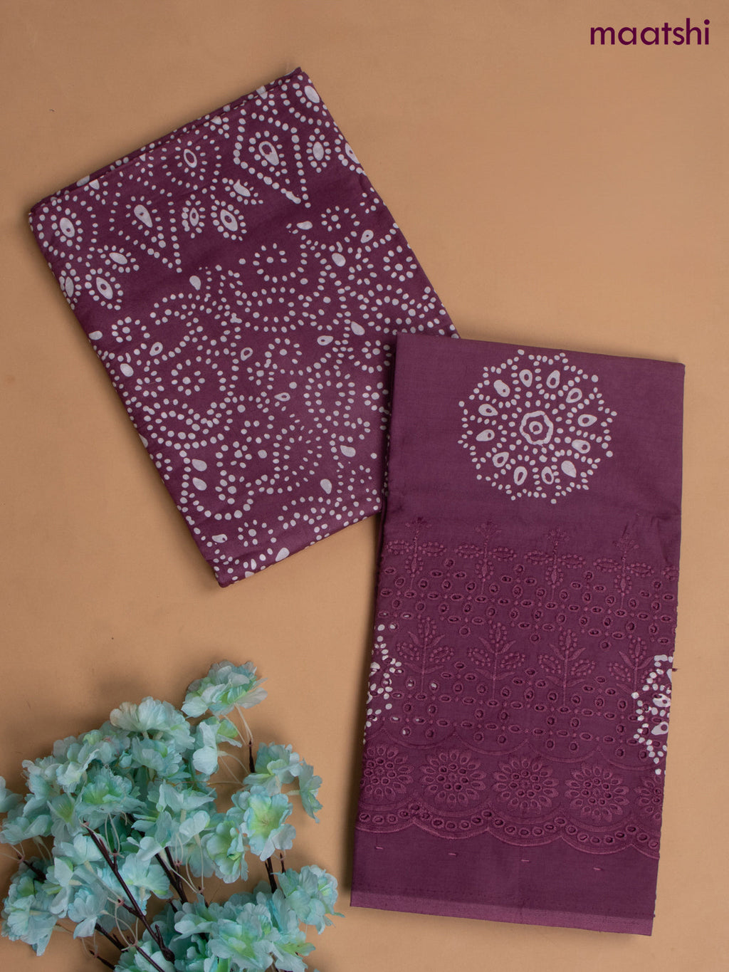 Cotton dress material mauve pink with allover batik prints and hakoba work bottom & dupatta