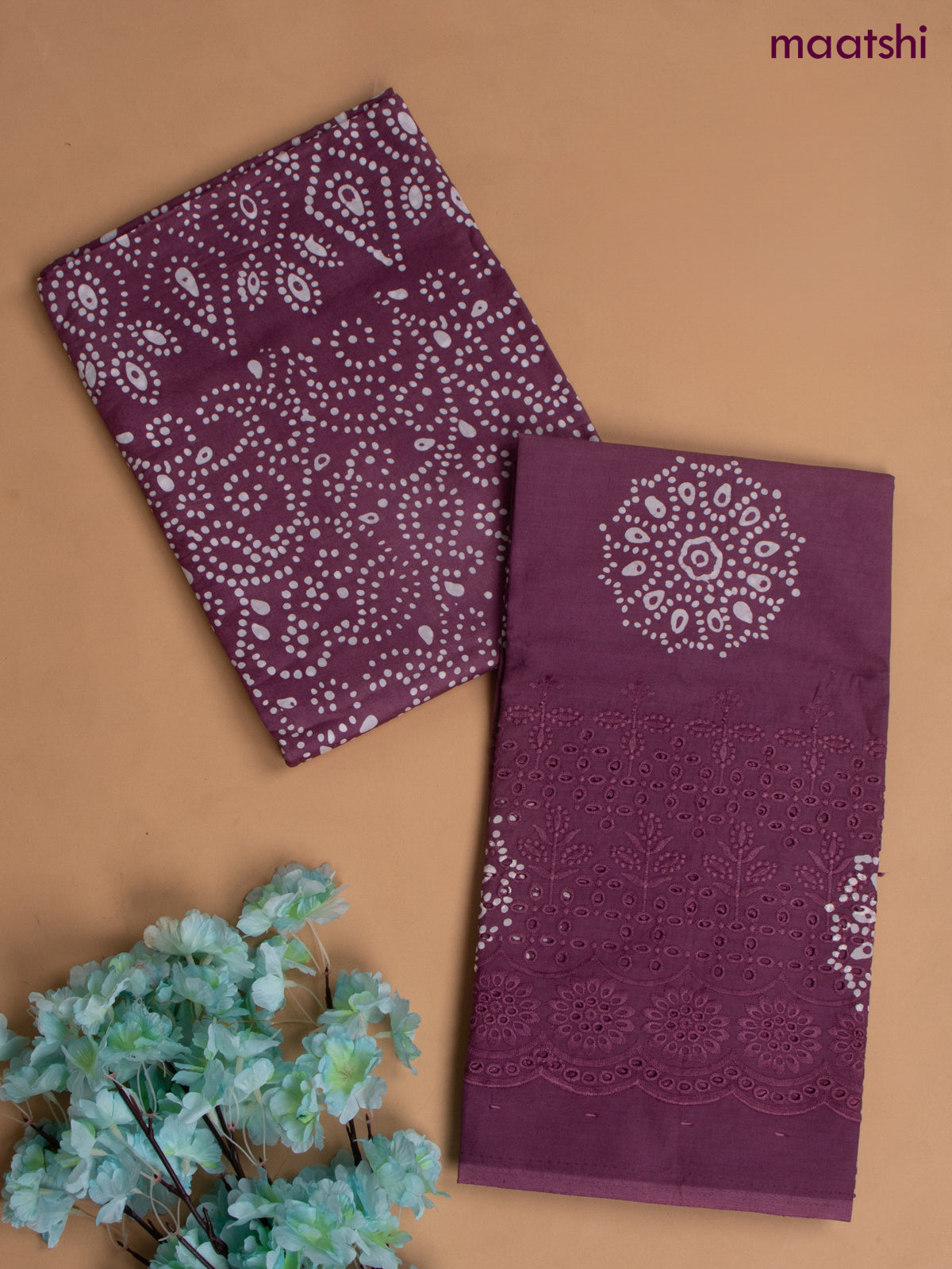 Cotton dress material mauve pink with allover batik prints and hakoba work bottom & dupatta