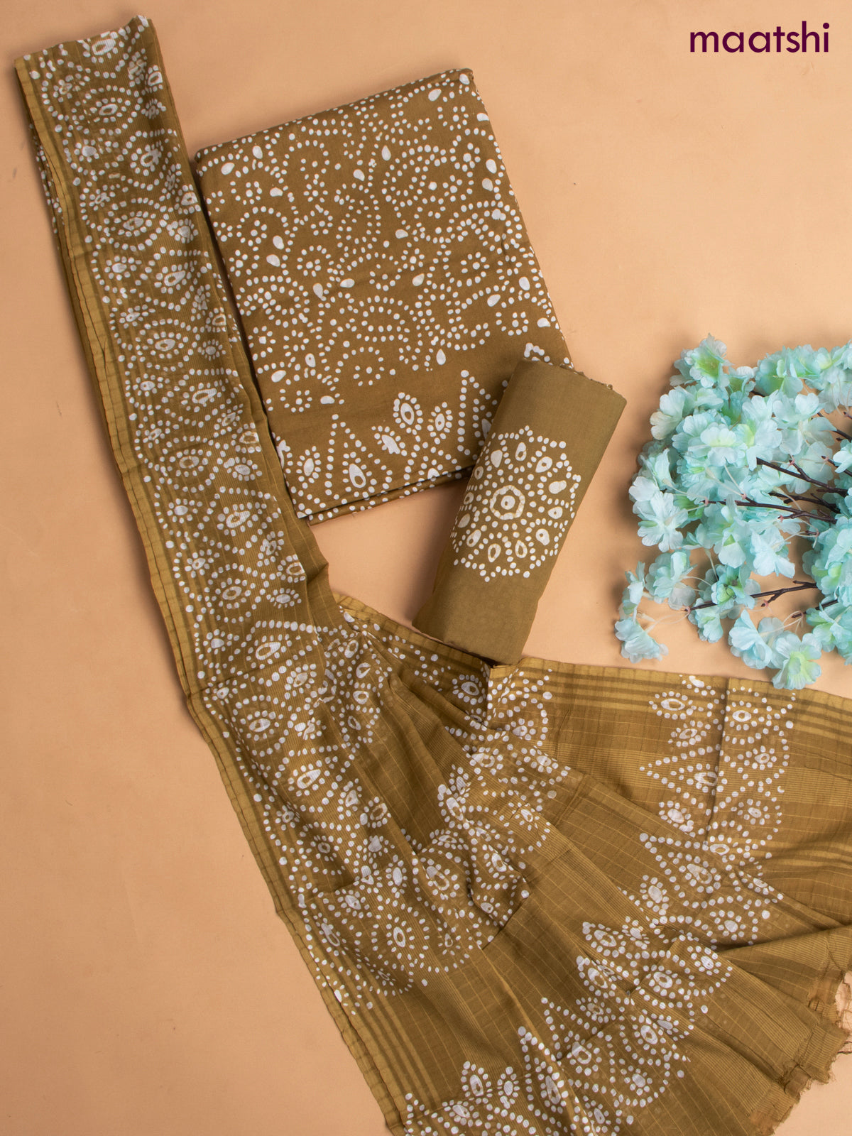 Cotton dress material mehandi green with allover batik prints and hakoba work bottom & dupatta