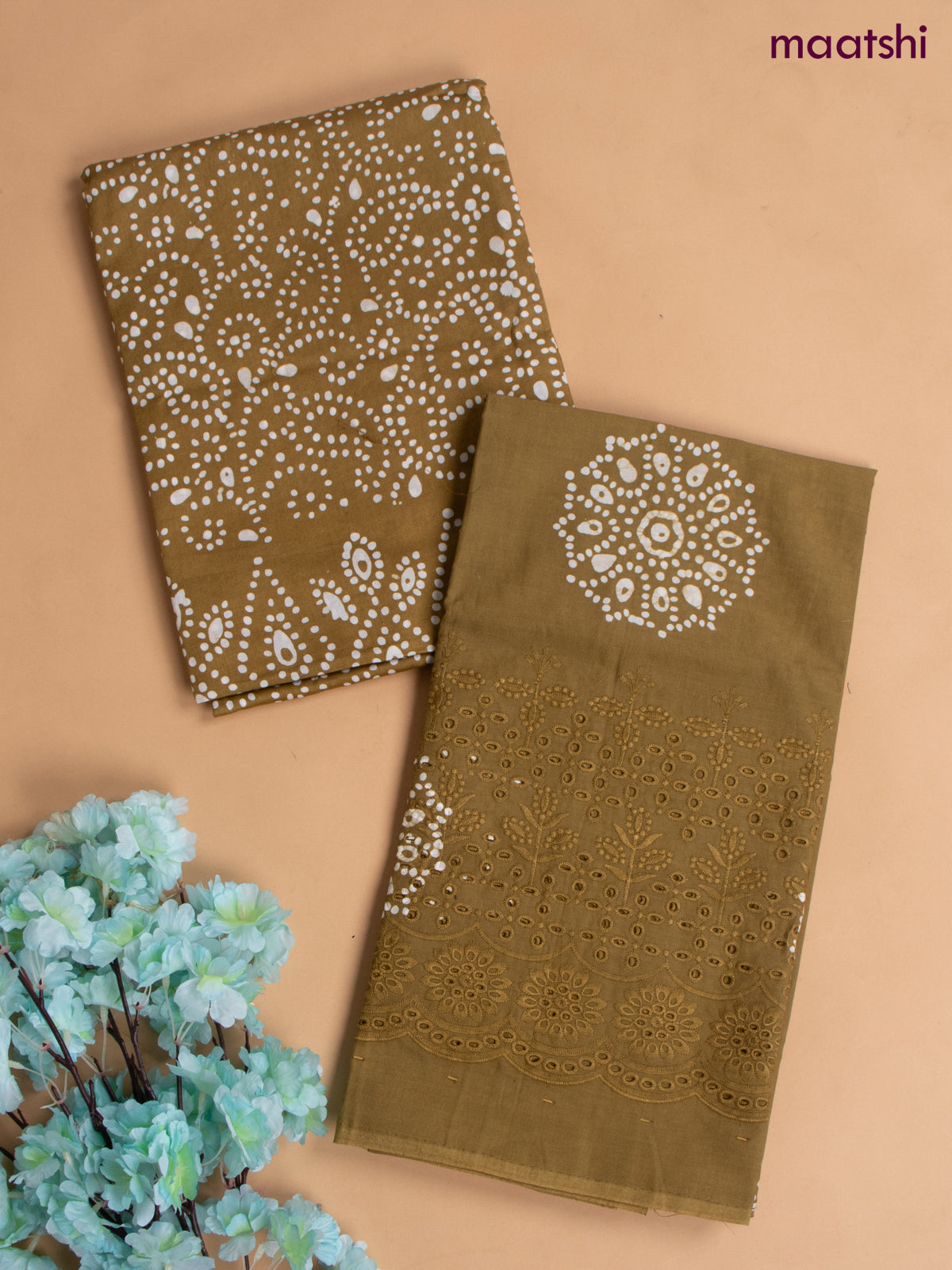 Cotton dress material mehandi green with allover batik prints and hakoba work bottom & dupatta