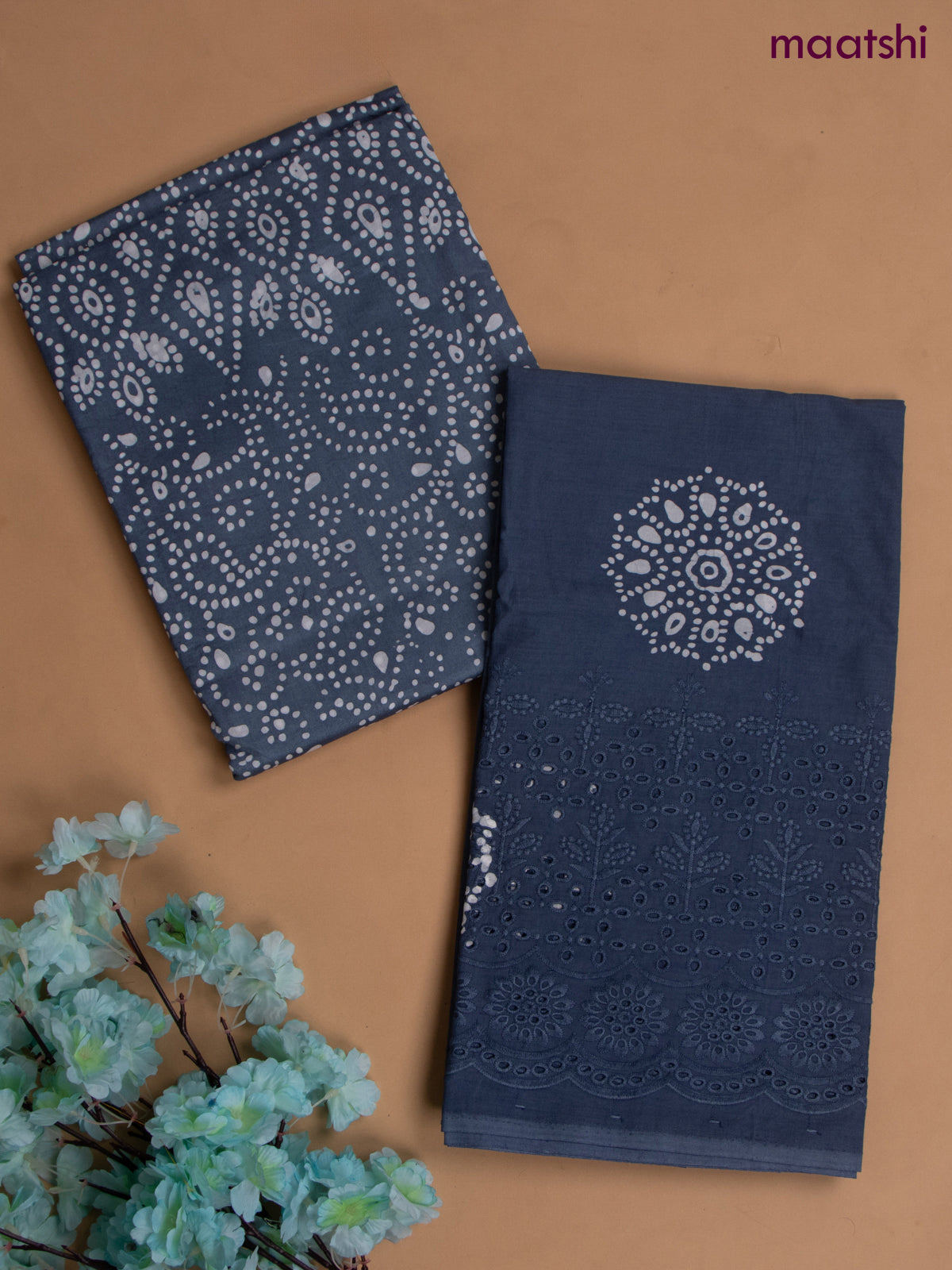 Cotton dress material greyish blue with allover batik prints and hakoba work bottom & dupatta