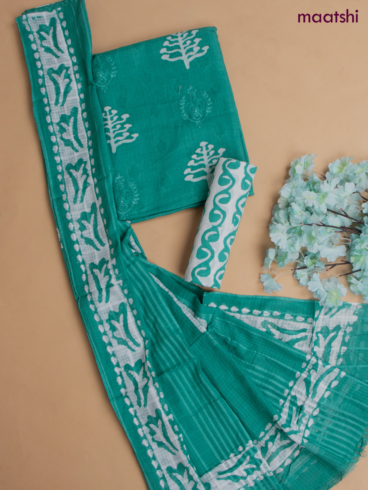Cotton dress material teal green with allover buttas & embroidery work and batik print bottom & kotta dupatta