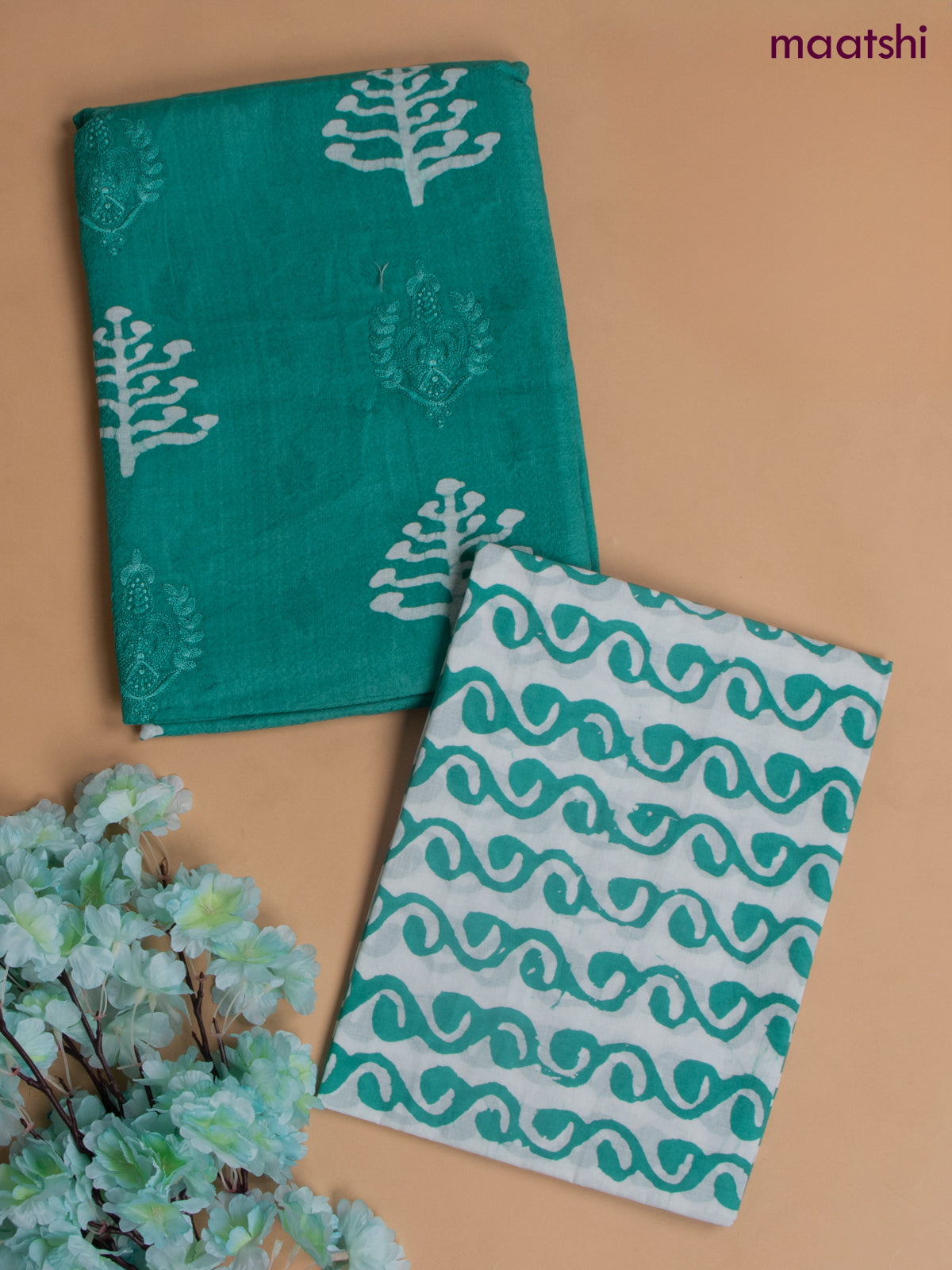 Cotton dress material teal green with allover buttas & embroidery work and batik print bottom & kotta dupatta