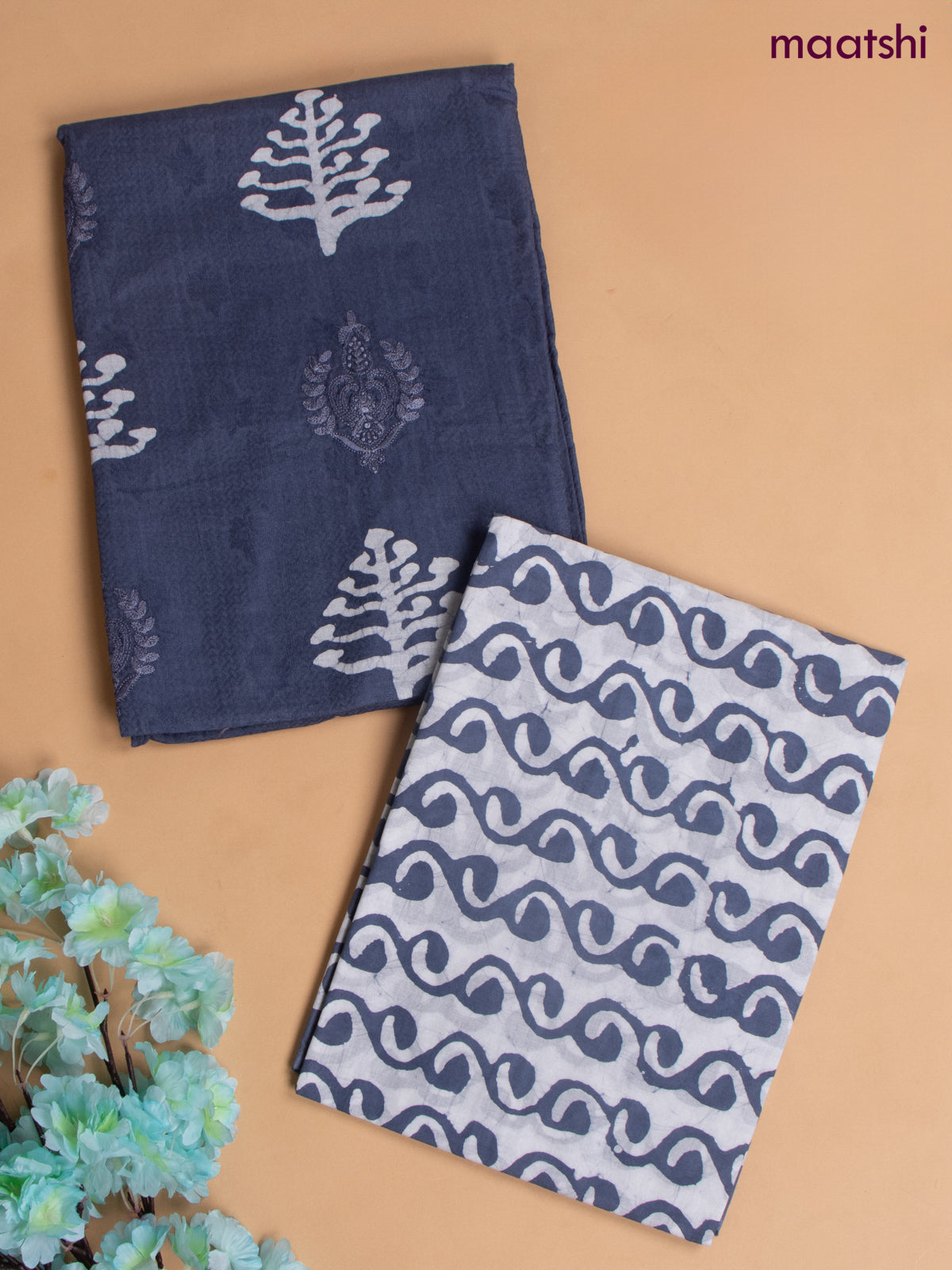 Cotton dress material greyish blue with allover buttas & embroidery work and batik print bottom & kotta dupatta