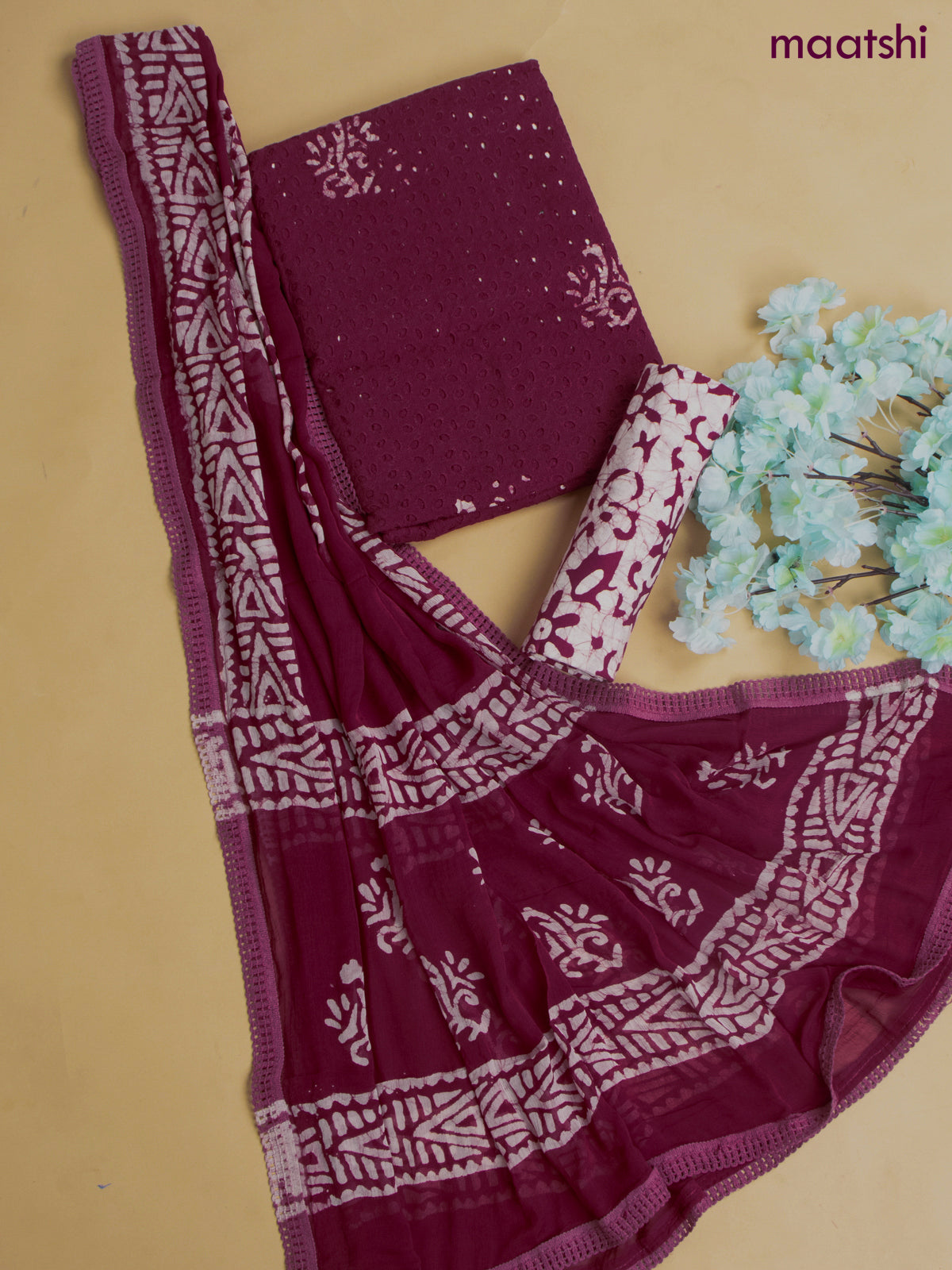 Cotton dress material maroon with allover hakoba work and bottom & chiffon dupatta