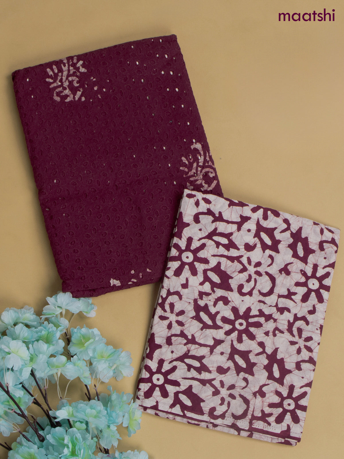 Cotton dress material maroon with allover hakoba work and bottom & chiffon dupatta