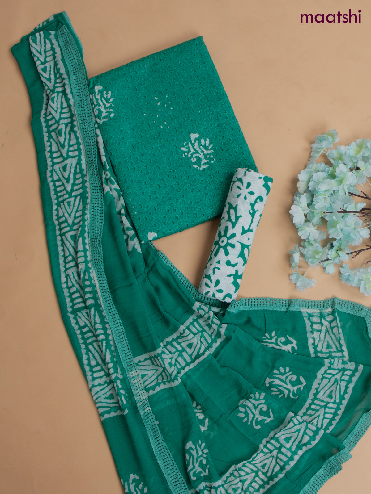 Cotton dress material teal green with allover hakoba work and bottom & chiffon dupatta