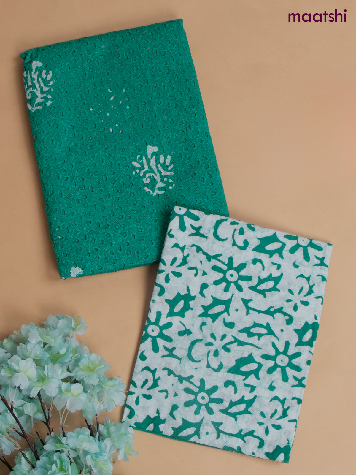 Cotton dress material teal green with allover hakoba work and bottom & chiffon dupatta