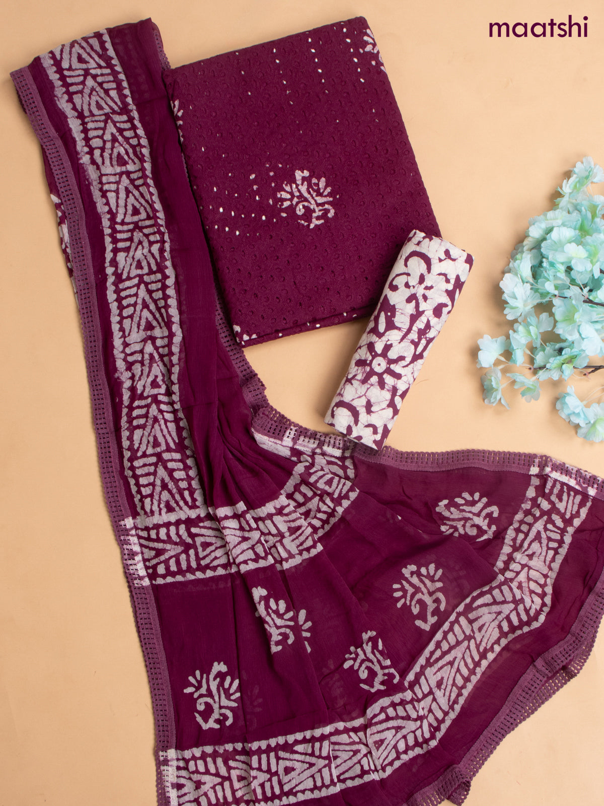Cotton dress material wine with allover hakoba work and bottom & chiffon dupatta