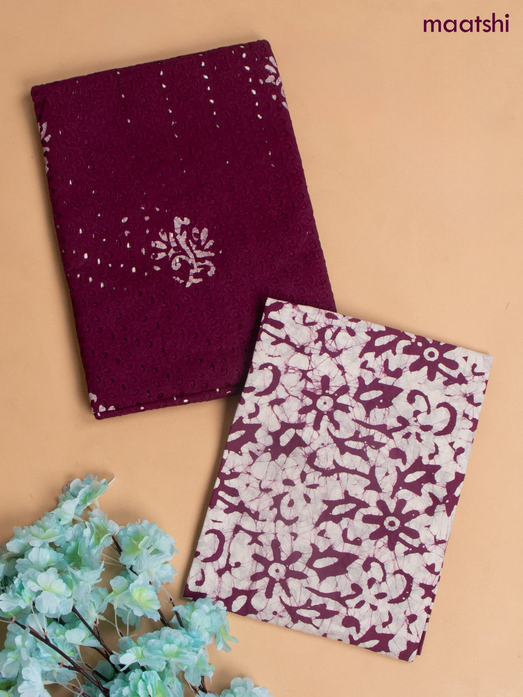 Cotton dress material wine with allover hakoba work and bottom & chiffon dupatta