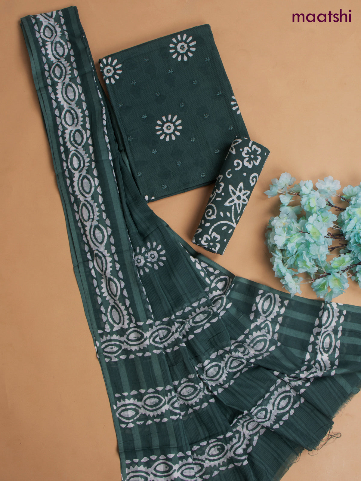 Cotton dress material sap green with allover floral prints & embroidery buttas  and bottom & dupatta