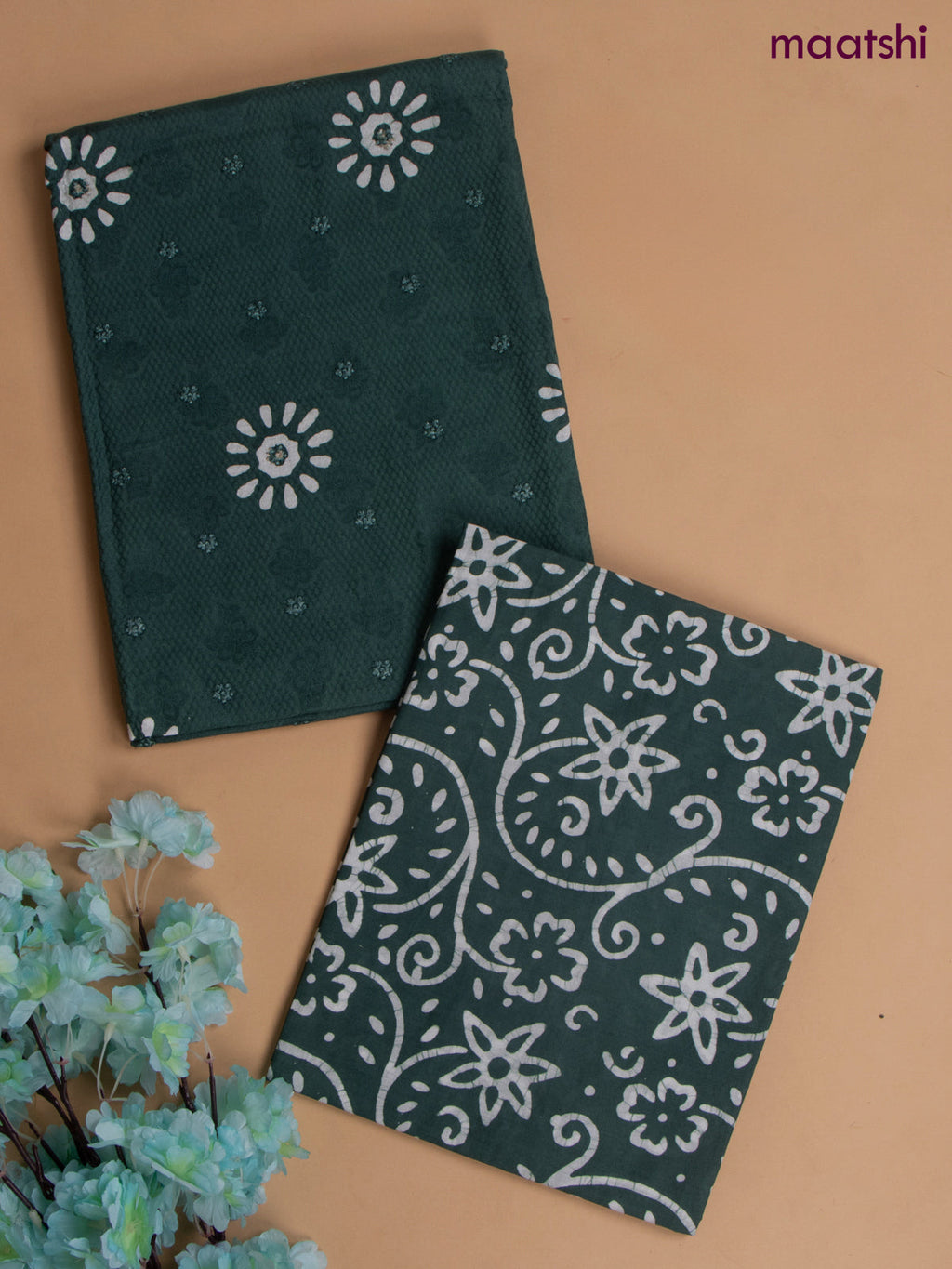 Cotton dress material sap green with allover floral prints & embroidery buttas  and bottom & dupatta