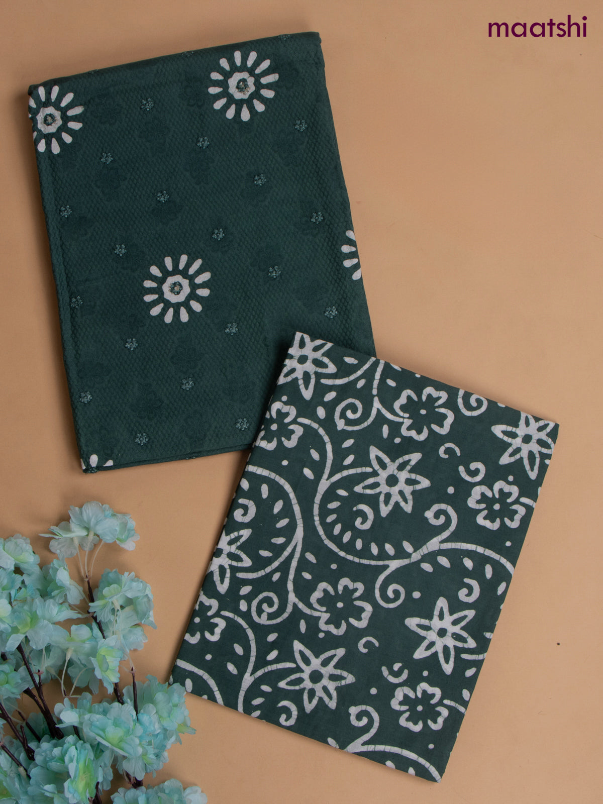 Cotton dress material sap green with allover floral prints & embroidery buttas  and bottom & dupatta