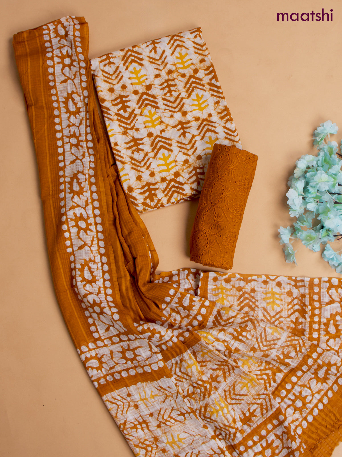 Cotton dress material mustard and white with allover dabu prints and hakoba work bottom & dupatta