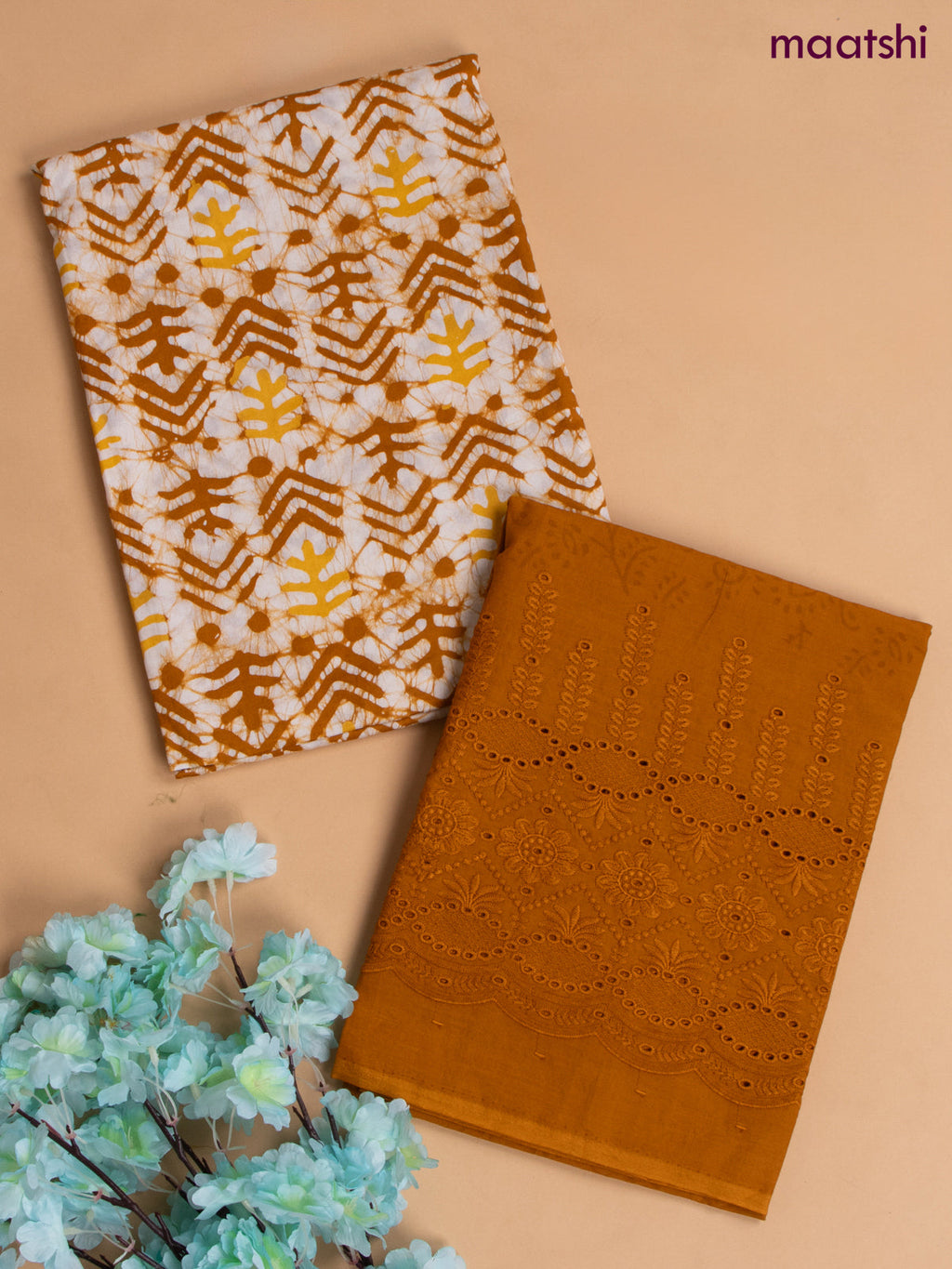 Cotton dress material mustard and white with allover dabu prints and hakoba work bottom & dupatta