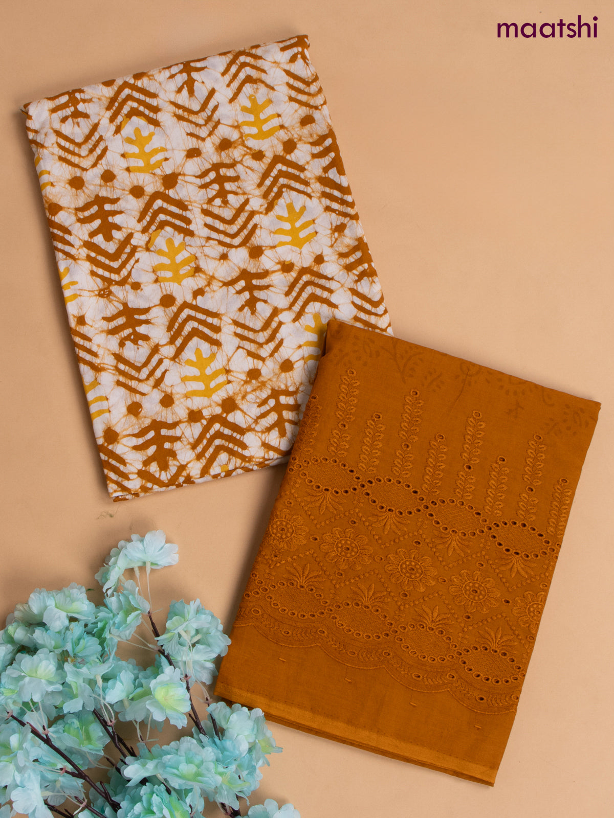 Cotton dress material mustard and white with allover dabu prints and hakoba work bottom & dupatta