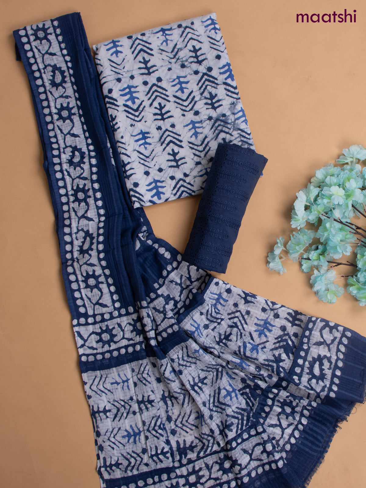 Cotton dress material blue and white with allover dabu prints and hakoba work bottom & dupatta