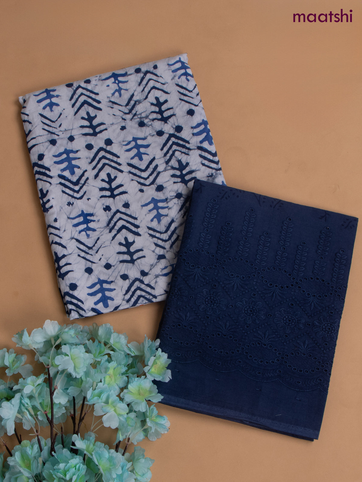 Cotton dress material blue and white with allover dabu prints and hakoba work bottom & dupatta