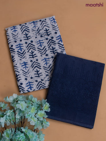 Cotton dress material blue and white with allover dabu prints and hakoba work bottom & dupatta