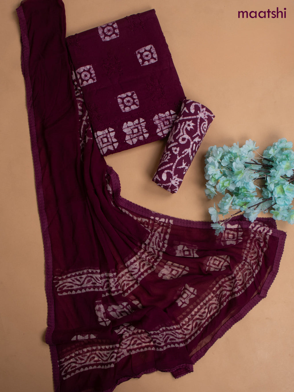 Cotton dress material wine with allover buttas & french knot work and batik print bottom & chiffon dupatta