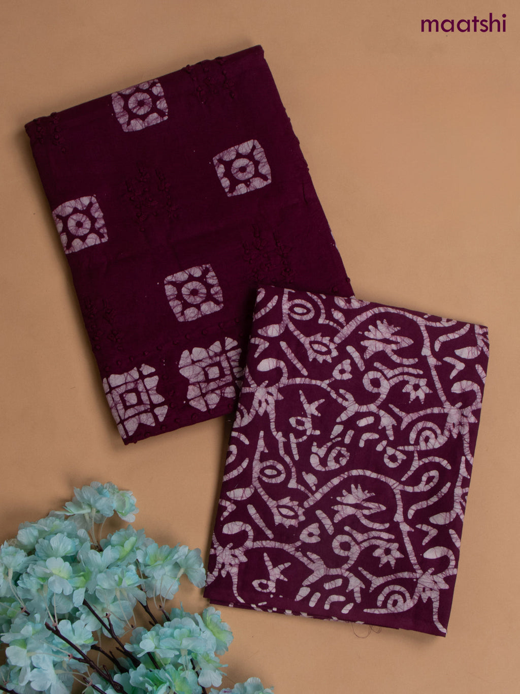 Cotton dress material wine with allover buttas & french knot work and batik print bottom & chiffon dupatta