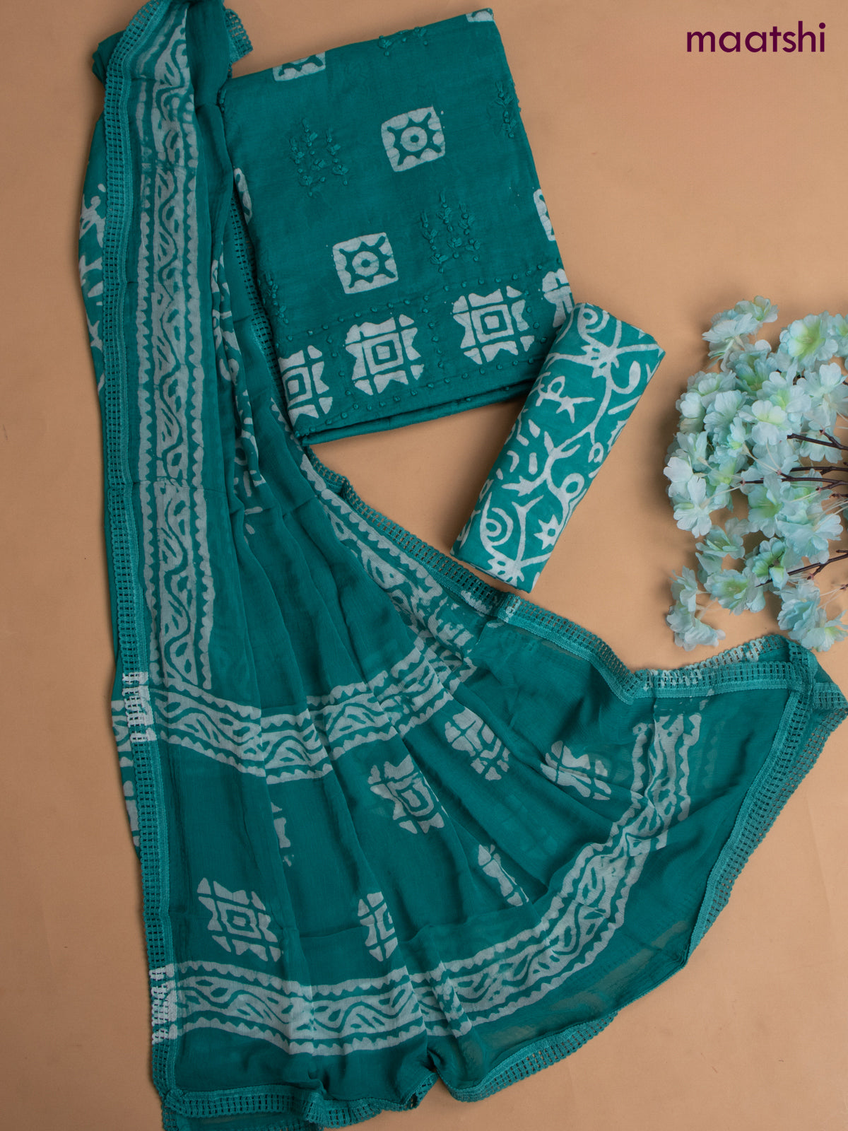 Cotton dress material teal green with allover buttas & french knot work and batik print bottom & chiffon dupatta